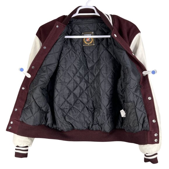 Rennoc Classic Men M Varsity Letterman Bomber Jacket Wool Quilted Burgundy White - Picture 3 of 16